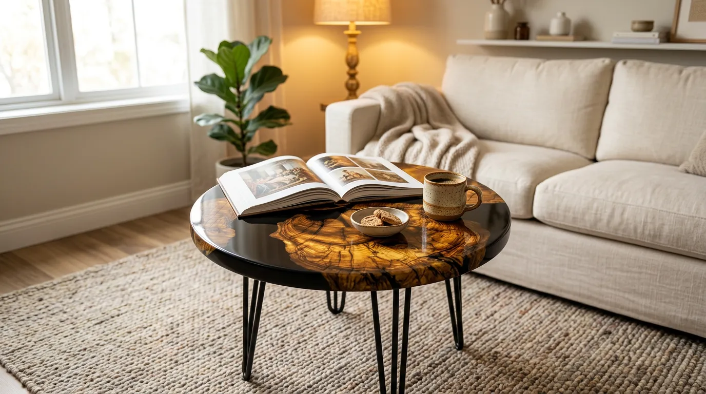 Olivenaske Burl Resin Rundt Sofabord — vinkel 3